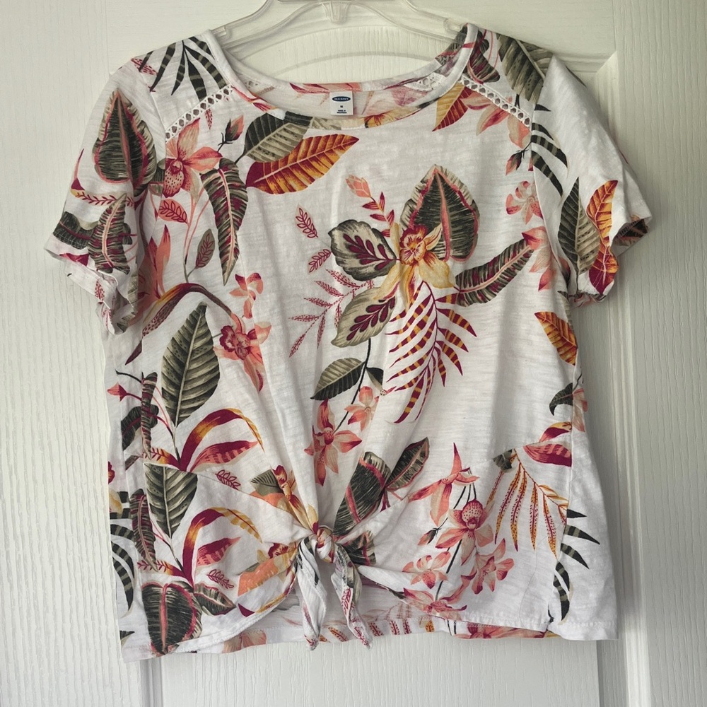 Old Navy White Short Sleeve Tie-Front Top with Tropical Floral Print